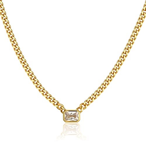 espere Baguette CZ Necklace | Emerald Cut Pendant Cuban Link Chain Choker 14'' with 2'' Extender - Image 1