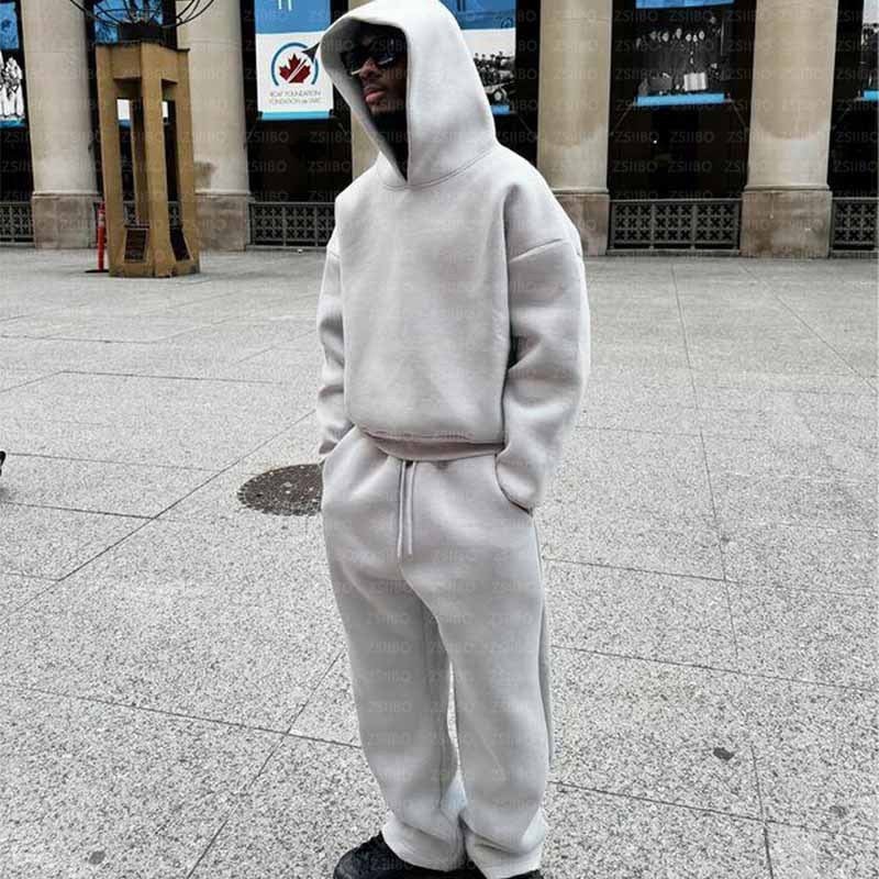 2024 Europe and the United States cross-border casual simple couple fashion hoodie sweatshirt solid color loose sweater pants wholesale Grey 2172# suit