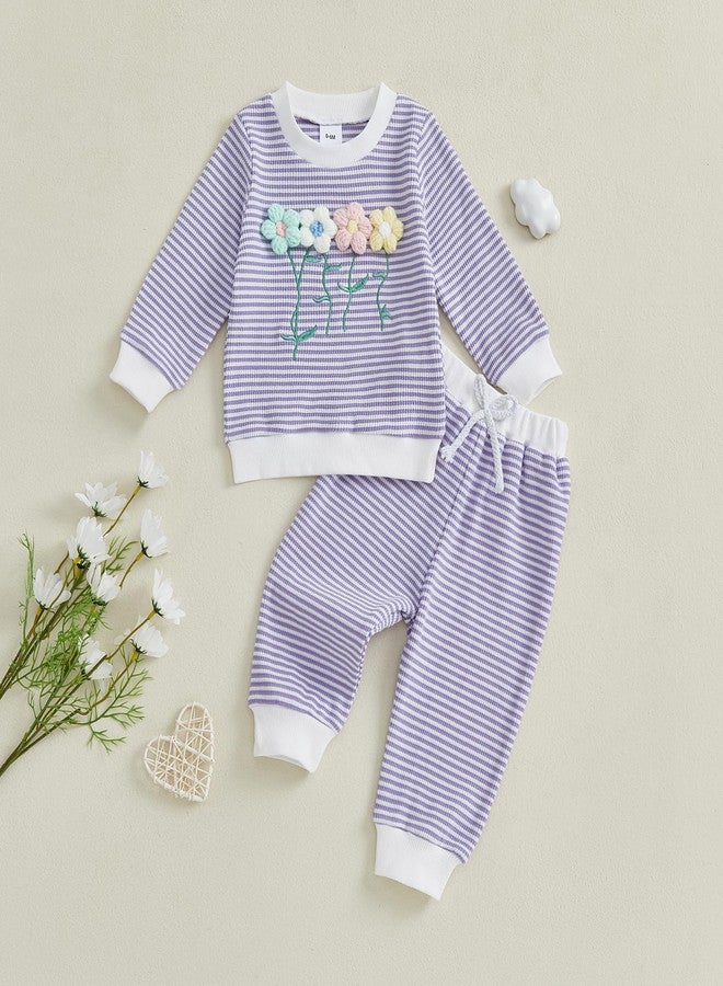 Socutebabe ملابس شتوية خريفية للبنات الصغيرات من Socutebabe، طقم ملابس لطيف مكون من بلوزة بأكمام طويلة مزينة بزهرة ثلاثية الأبعاد وبنطال (بنفسجي، مقاس 3-4 سنوات) - Image 2