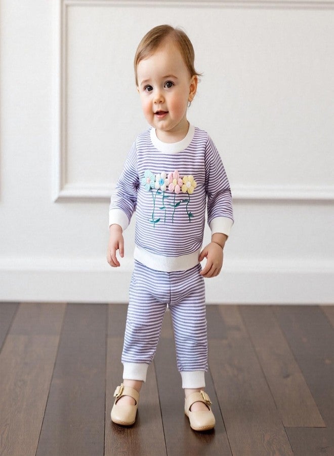 Socutebabe ملابس شتوية خريفية للبنات الصغيرات من Socutebabe، طقم ملابس لطيف مكون من بلوزة بأكمام طويلة مزينة بزهرة ثلاثية الأبعاد وبنطال (بنفسجي، مقاس 3-4 سنوات) - Image 4