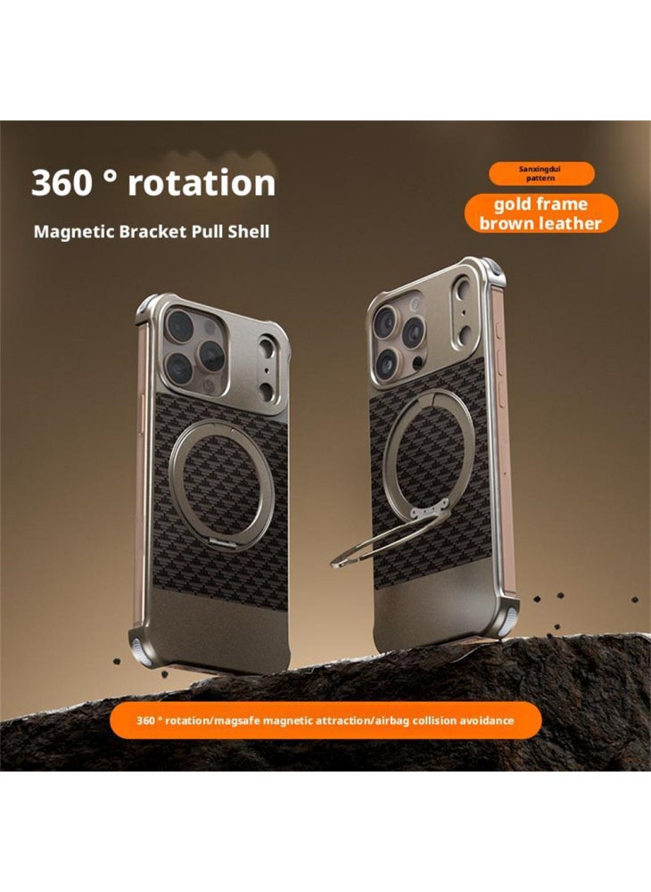 For iPhone 16 Pro Max Magnetic Case Borderless Textured PU+Metal Kickstand Phone Cover - Brown - Image 2