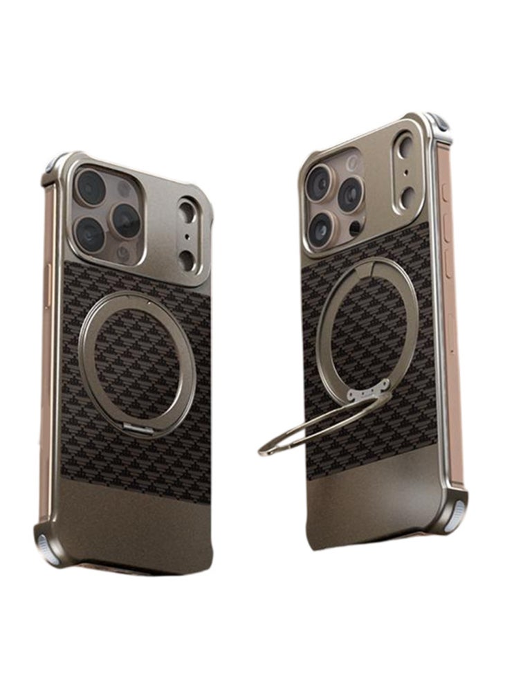 For iPhone 16 Pro Max Magnetic Case Borderless Textured PU+Metal Kickstand Phone Cover - Brown - Image 1