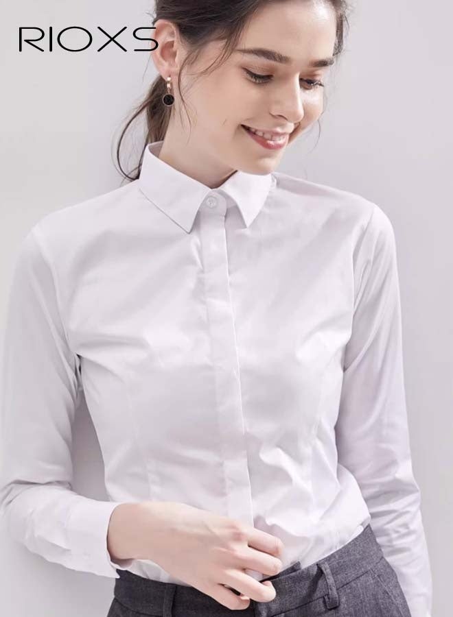 RIOXS Women's Formal Shirts, Basic Button Down Shirt, Long Sleeve Blouses for Women, Classic-Fit Collared Shirt, Ladies Dressy Uniform Shirt, Wrinkle-Free Work Tops, Shirts for Business, Party, Office, Meeting, White Shirts Match for Popular Wide-Legged Pants, Bell Pants, And Straight Pants - Image 1