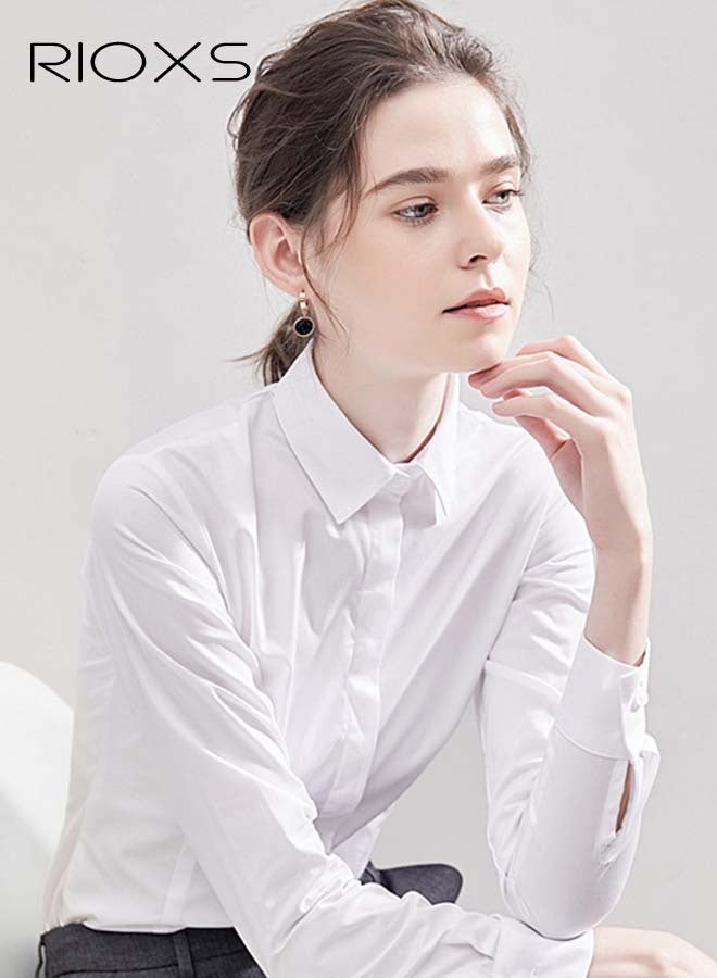 RIOXS Women's Formal Shirts, Basic Button Down Shirt, Long Sleeve Blouses for Women, Classic-Fit Collared Shirt, Ladies Dressy Uniform Shirt, Wrinkle-Free Work Tops, Shirts for Business, Party, Office, Meeting, White Shirts Match for Popular Wide-Legged Pants, Bell Pants, And Straight Pants - Image 2
