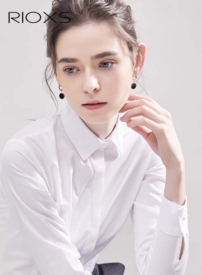 RIOXS Women's Formal Shirts, Basic Button Down Shirt, Long Sleeve Blouses for Women, Classic-Fit Collared Shirt, Ladies Dressy Uniform Shirt, Wrinkle-Free Work Tops, Shirts for Business, Party, Office, Meeting, White Shirts Match for Popular Wide-Legged Pants, Bell Pants, And Straight Pants - Image 5