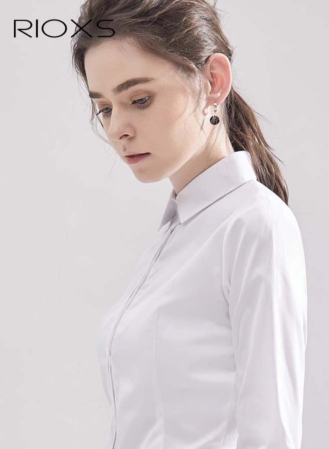 RIOXS Women's Formal Shirts, Basic Button Down Shirt, Long Sleeve Blouses for Women, Classic-Fit Collared Shirt, Ladies Dressy Uniform Shirt, Wrinkle-Free Work Tops, Shirts for Business, Party, Office, Meeting, White Shirts Match for Popular Wide-Legged Pants, Bell Pants, And Straight Pants - Image 4