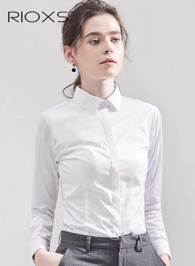 RIOXS Women's Formal Shirts, Basic Button Down Shirt, Long Sleeve Blouses for Women, Classic-Fit Collared Shirt, Ladies Dressy Uniform Shirt, Wrinkle-Free Work Tops, Shirts for Business, Party, Office, Meeting, White Shirts Match for Popular Wide-Legged Pants, Bell Pants, And Straight Pants - Image 3