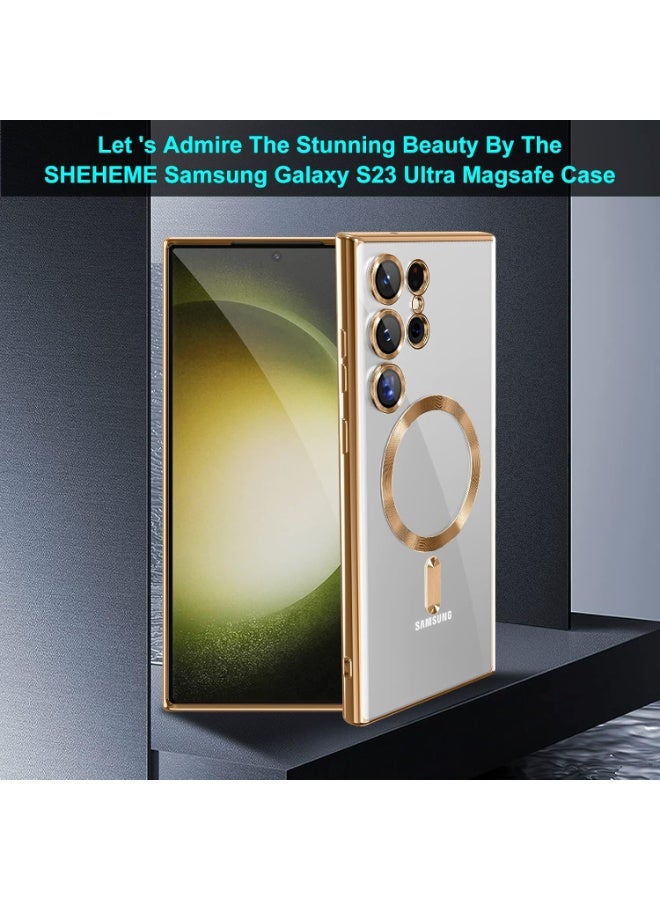 جراب مطلي بالكهرباء لهاتف Samsung Galaxy S22 Ultra مع حماية كاملة لعدسة الكاميرا متوافق مع الشحن اللاسلكي MagSafe، غطاء مغناطيسي ناعم مقاوم للصدمات من مادة TPU لهاتف Samsung Galaxy S22 Ultra (ذهبىي) - Image 2