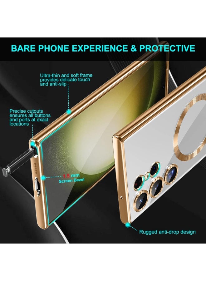 جراب مطلي بالكهرباء لهاتف Samsung Galaxy S22 Ultra مع حماية كاملة لعدسة الكاميرا متوافق مع الشحن اللاسلكي MagSafe، غطاء مغناطيسي ناعم مقاوم للصدمات من مادة TPU لهاتف Samsung Galaxy S22 Ultra (ذهبىي) - Image 3