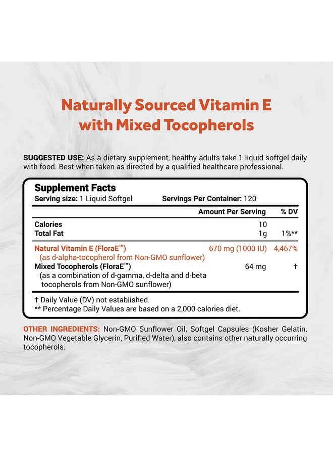 Naturalis Sunflower Vitamin E 670Mg (1000 Iu) With Mixed Tocopherols; Essential Skin Vitamin & Immune Support; Nongmo Soy & Gluten Free; 120 Softgels  - Image 3