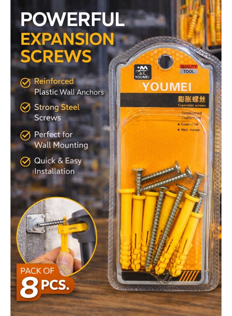 YOUMI Wall Expansion Screws with Plastic Anchors – Heavy Duty Wall Plugs and Screws for Concrete, Brick & Wall Mounting – Yellow (8 Pieces) - Image 1