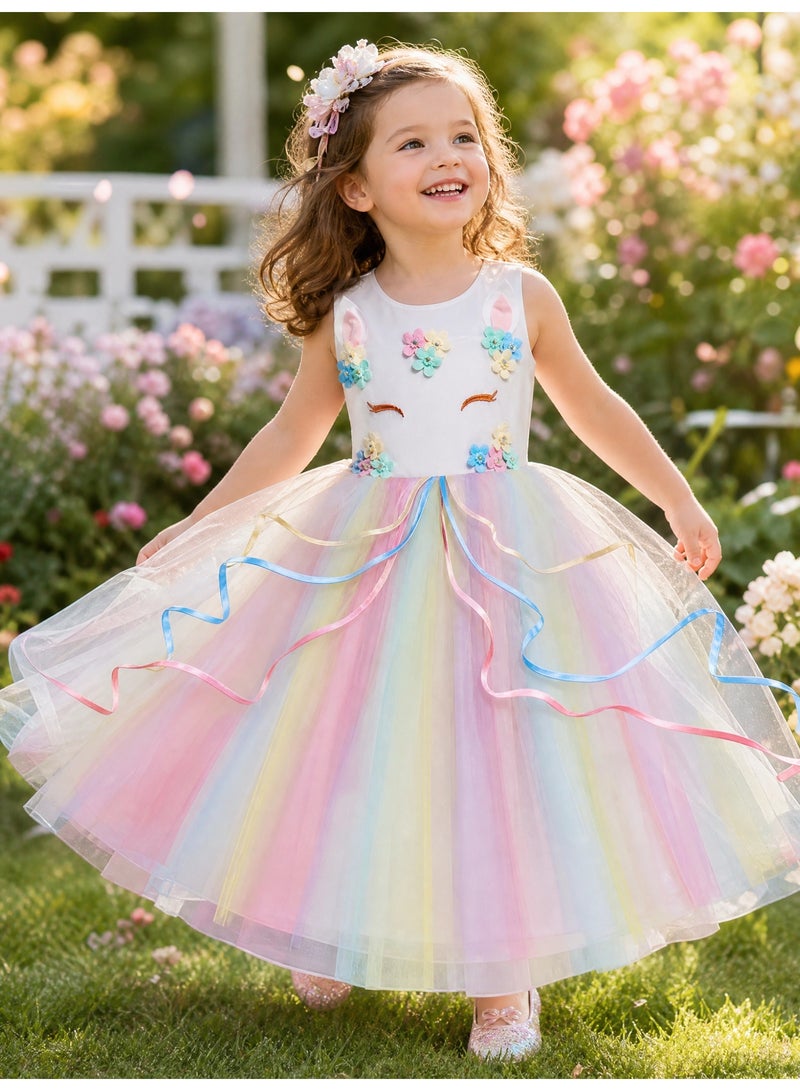 SHOWDAY Unicorn Costume Princess Birthday Pageant Party Dance Performance Carnival Long Maxi Tulle Fancy Dress Up Outfits - Image 3