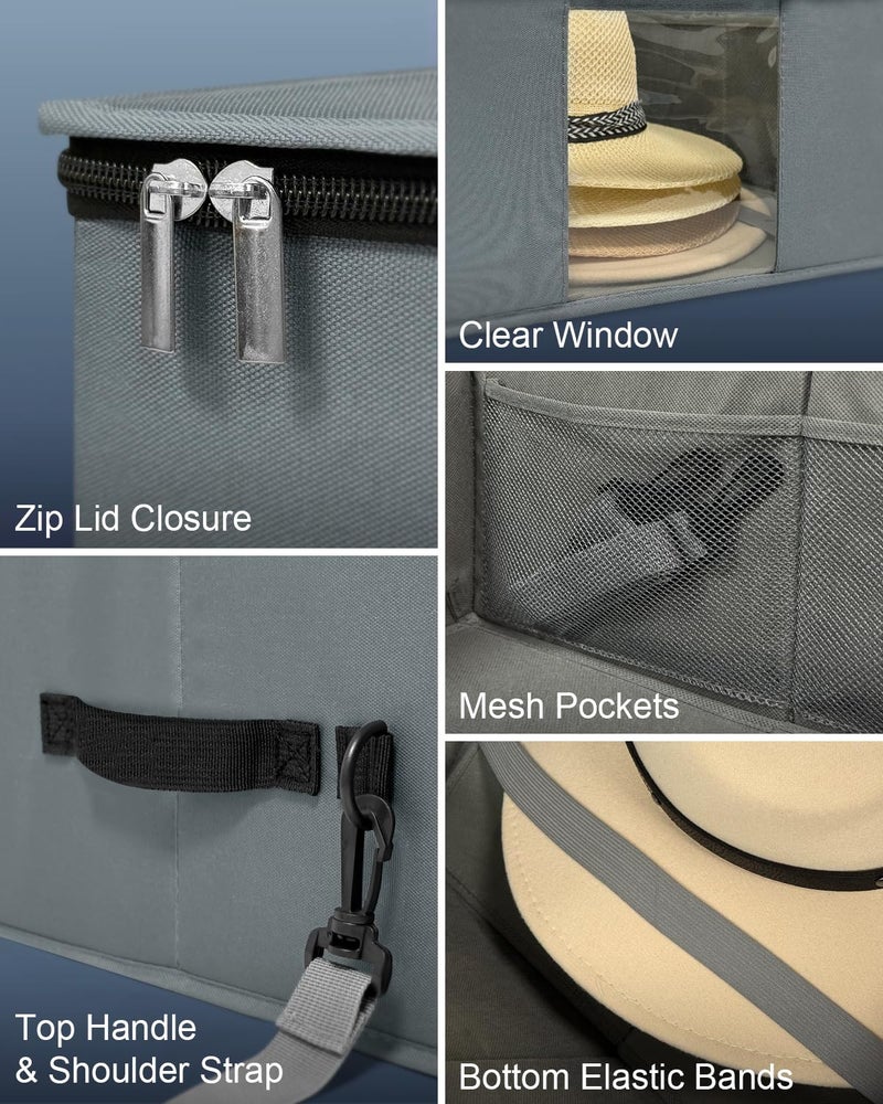 Allgawise Cowboy Hat Case with 6-Side Plastic Panels, Stackable Large Western Hat Storage Box for Home & Travel, Rigid Hat Carrier Fits Up to 16" Wide Brim Hats, Dustproof & Foldable, Grey - Image 5