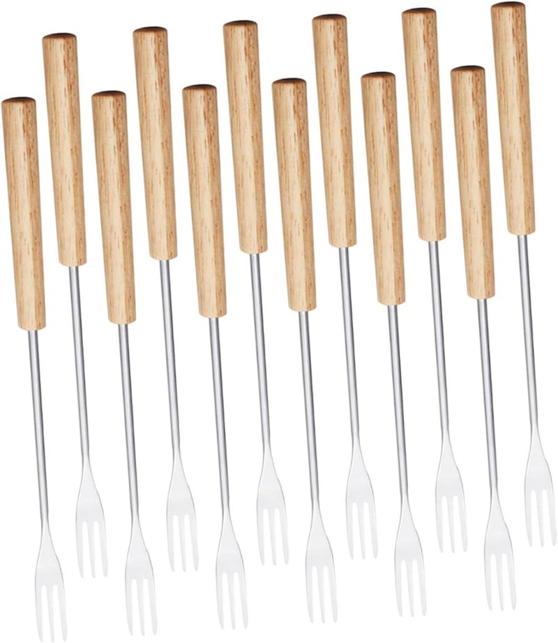 12pcs Stainless Steel Wood Handle Fondue Forks Set, Reusable Small Fruit and Cheese Dipping Tools for Chocolate and Bbq Baking, Kitchen Entertaining Flatware - Image 1