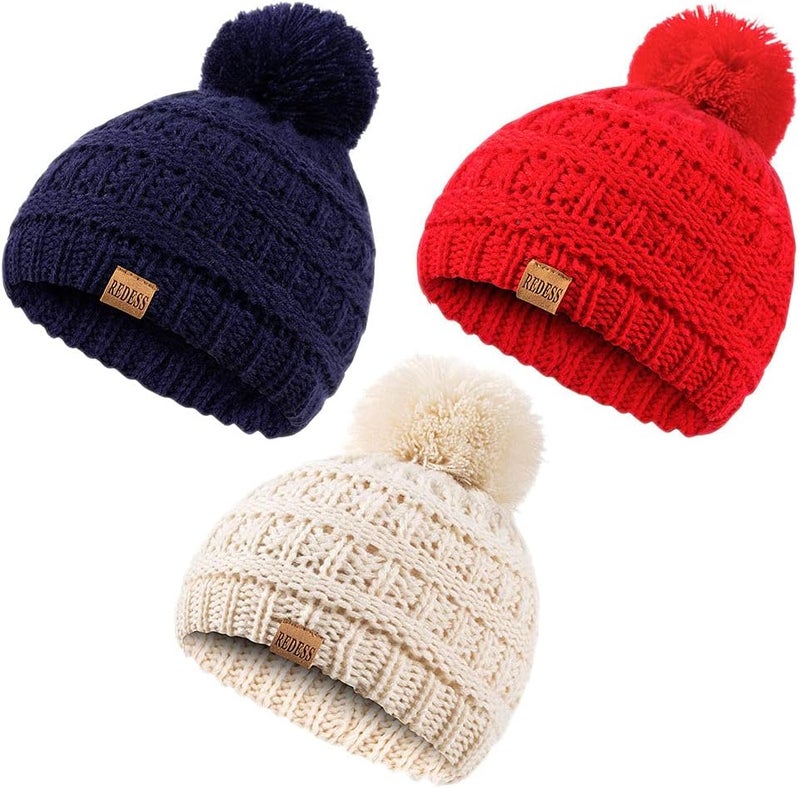REDESS Baby Kids Winter Warm Hats, Infant Toddler Children Pom Pom Beanie Knit Cap Girls Boys - Image 1
