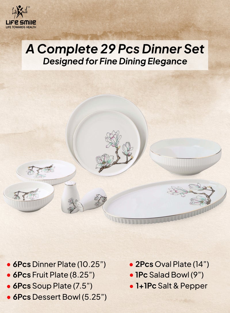 Life Smile 29-Pcs Dinner Set – Porcelain Dinnerwares- Serving Dish and Bowls Set Includes 6x Dinner Plates, 6x Fruit Plates, 6x Soup Plates, 6 x Dessert Bowls, 2x Oval Plates, 1x Salad Bowl, and 1x Salt and Pepper Shaker - Image 2