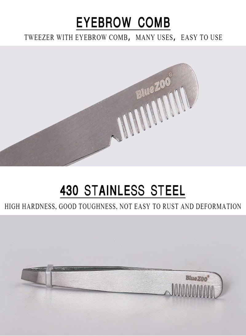 Blue ZOO Stainless Steel Eyebrow Tweezer Clip with Eyebrow Comb Inclined Tip Eyelashes Extension Nipper Tweezers - Image 4