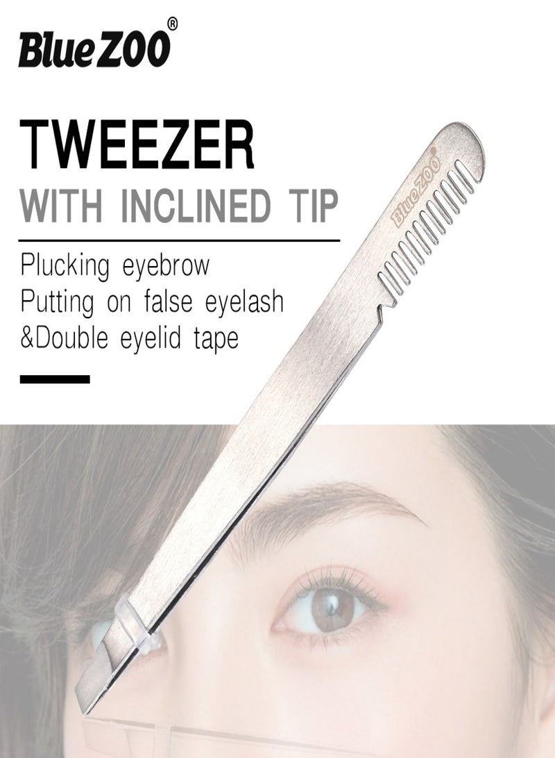 Blue ZOO Stainless Steel Eyebrow Tweezer Clip with Eyebrow Comb Inclined Tip Eyelashes Extension Nipper Tweezers - Image 2