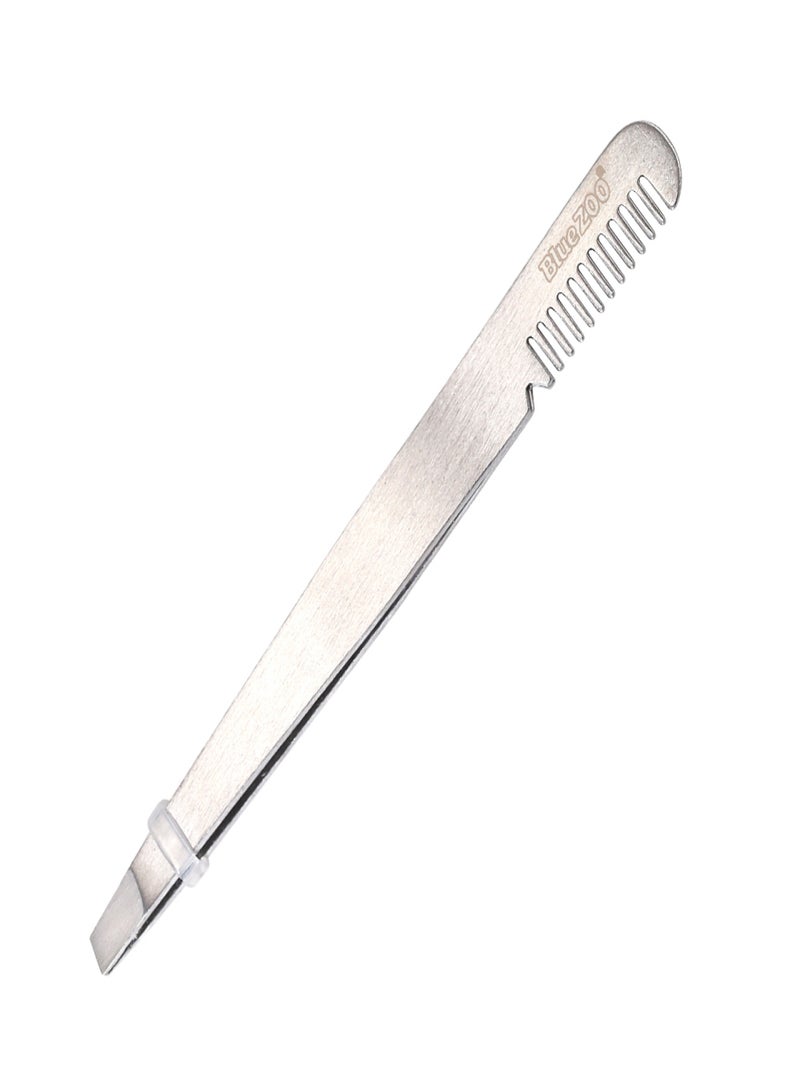 Blue ZOO Stainless Steel Eyebrow Tweezer Clip with Eyebrow Comb Inclined Tip Eyelashes Extension Nipper Tweezers - Image 1
