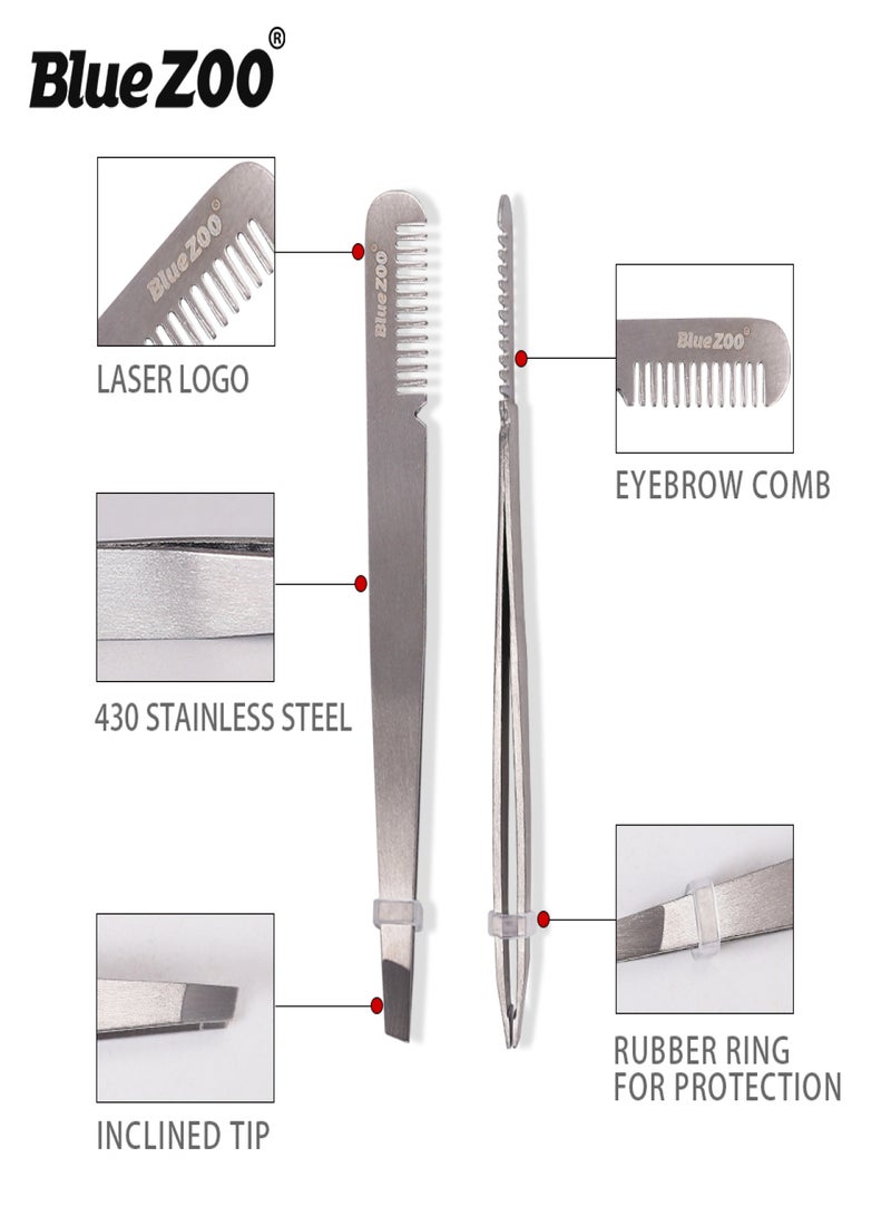 Blue ZOO Stainless Steel Eyebrow Tweezer Clip with Eyebrow Comb Inclined Tip Eyelashes Extension Nipper Tweezers - Image 3
