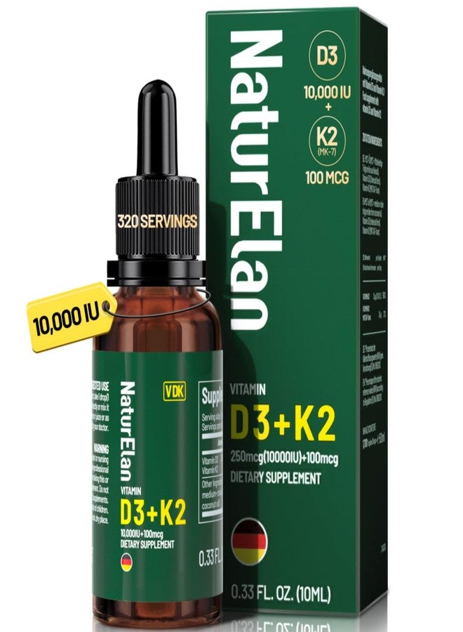 NaturElan قطرات فيتامين د3 و ك2 العضوية مع زيت MCT، 10000 وحدة دولية من قطرات فيتامين د السائلة + 100 ميكروغرام من فيتامين ك2 (MK-7)، 320 جرعة، تدعم صحة العظام والمناعة والقلب والأسنان، تم اختبارها من قبل جهة خارجية، نباتية، غير معدلة وراثيًا، خالية من الغلوتين - Image 1