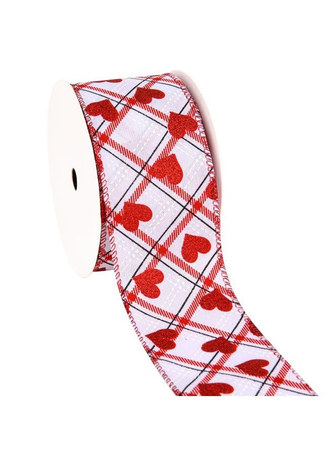 BUVANE 2.5'' x 10 Yard Valentine's Day Wired Edge Ribbon, White and Red Printed Heart Ribbons Gift Wrapping Ribbon for DIY Craft Wedding Party Wreath Bows Decoration (White) - Image 1