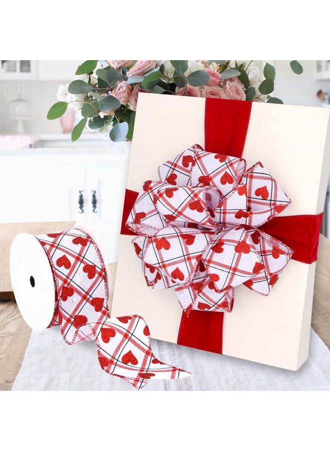 BUVANE 2.5'' x 10 Yard Valentine's Day Wired Edge Ribbon, White and Red Printed Heart Ribbons Gift Wrapping Ribbon for DIY Craft Wedding Party Wreath Bows Decoration (White) - Image 3