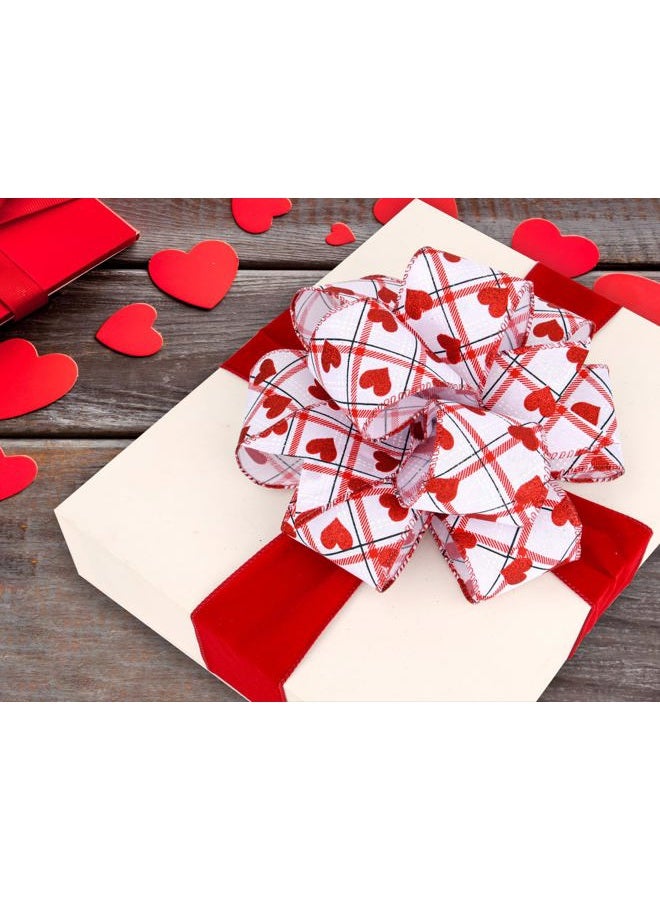 BUVANE 2.5'' x 10 Yard Valentine's Day Wired Edge Ribbon, White and Red Printed Heart Ribbons Gift Wrapping Ribbon for DIY Craft Wedding Party Wreath Bows Decoration (White) - Image 5