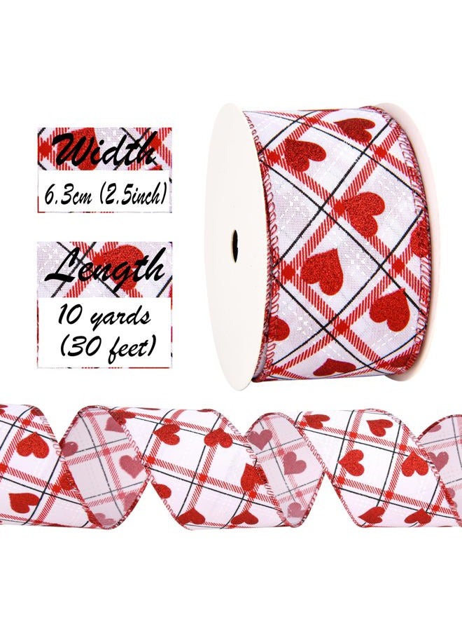 BUVANE 2.5'' x 10 Yard Valentine's Day Wired Edge Ribbon, White and Red Printed Heart Ribbons Gift Wrapping Ribbon for DIY Craft Wedding Party Wreath Bows Decoration (White) - Image 2