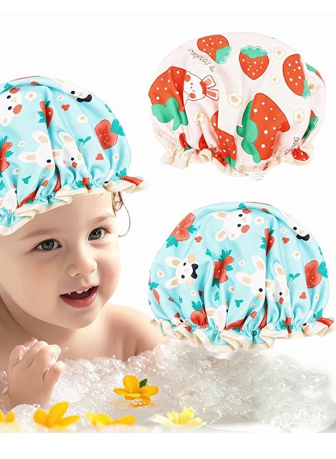 2PCS الأطفال غطاء دش، غطاء دش طبقات مزدوجة مقاومة للماء، الفراولة أرنب نمط غطاء دش، لطيف الأرنب / مرنة الساتين الفرقة غطاء، 9.05 × 9.05 بوصة ناعمة النوم-قابلة لإعادة الاستخدام-غطاء (الوردي الأزرق) - Image 1