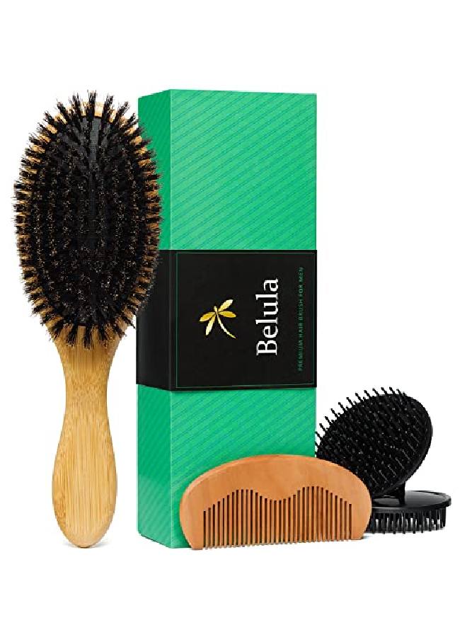 Belula 100% Boar Bristle Hair Brush For Men Set. Soft Hairbrush For Thin Normal And Short Hair. Boar Bristle Brush And Wooden Comb For Men. Free 2 X Palm Brush & Travel Bag Included. - Image 1