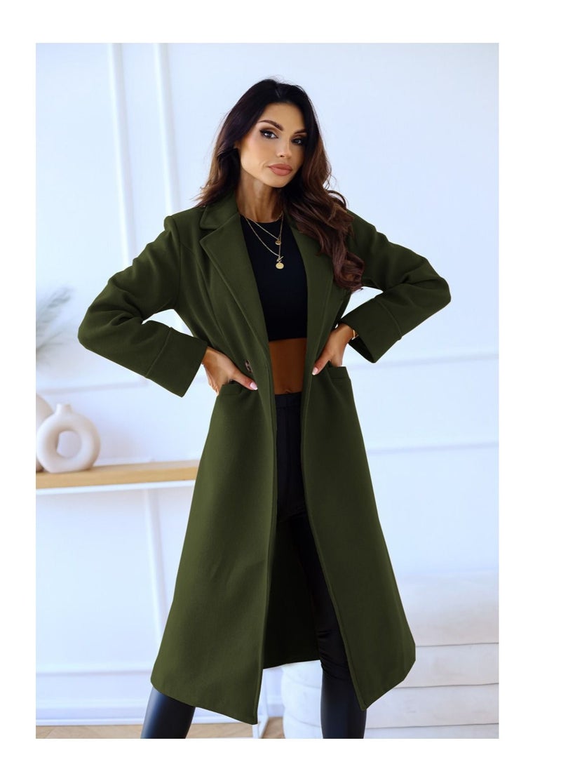 Loquat - New Women's Fashion Simple Long Sleeve Lapel Button Wool Overcoat - Image 1