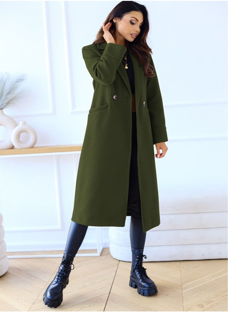 Loquat - New Women's Fashion Simple Long Sleeve Lapel Button Wool Overcoat - Image 1