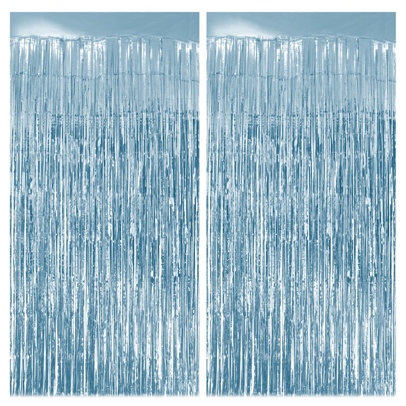 Watch Me Fly 2 Pack Light Blue Fringe Backdrop, 3.2x8.2ft Shining Foil Tinsel Curtains, Birthday Party Decorations Door Streamers for Halloween, Christmas, Wedding, Graduation, Holiday, Theme Events - Image 1