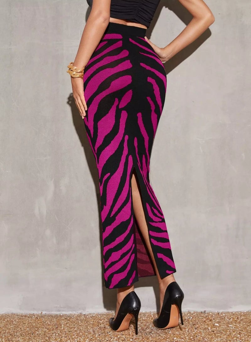 High Waist Zebra Striped Pattern Split Back Knit Skirt  - Image 1