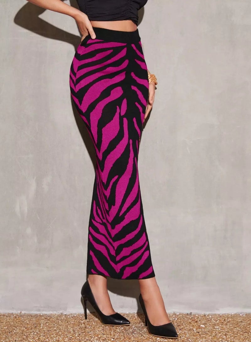 High Waist Zebra Striped Pattern Split Back Knit Skirt  - Image 4