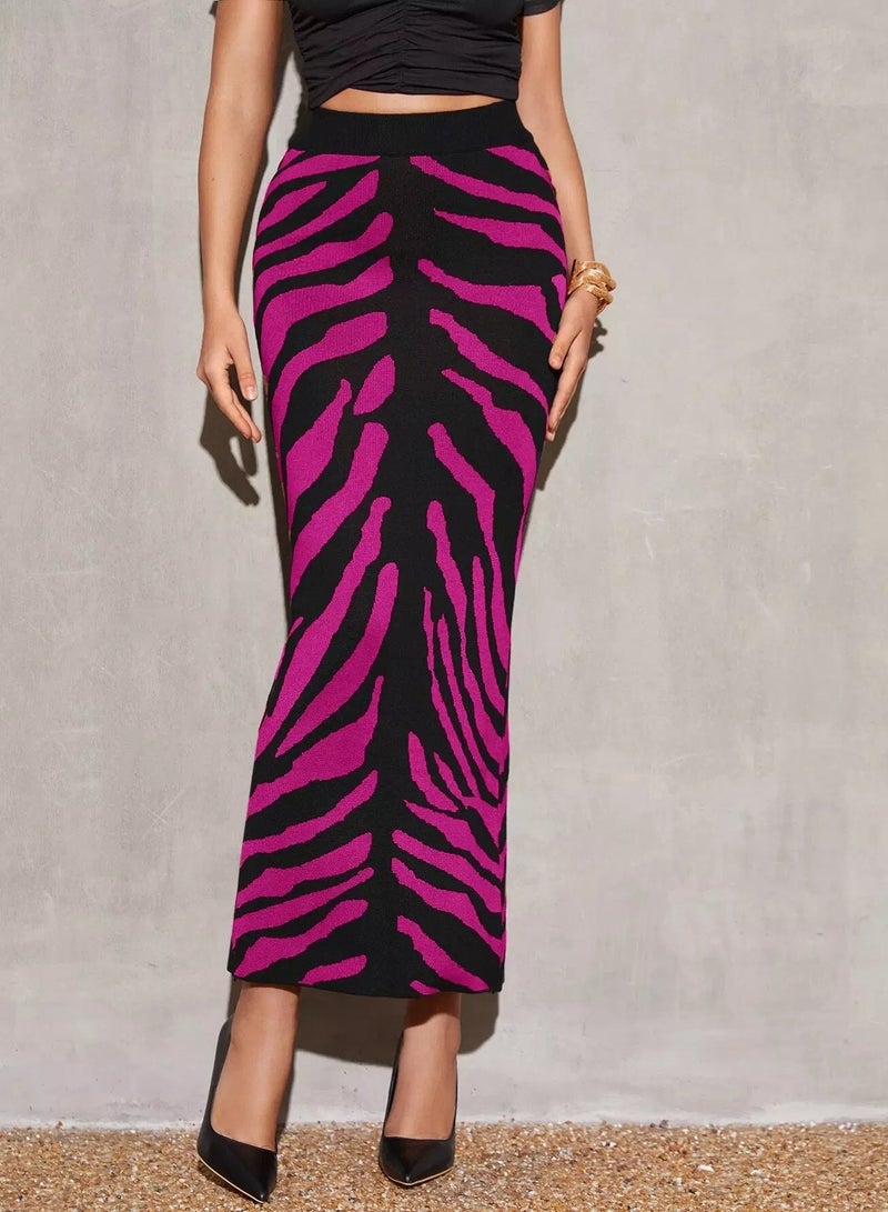 High Waist Zebra Striped Pattern Split Back Knit Skirt  - Image 2