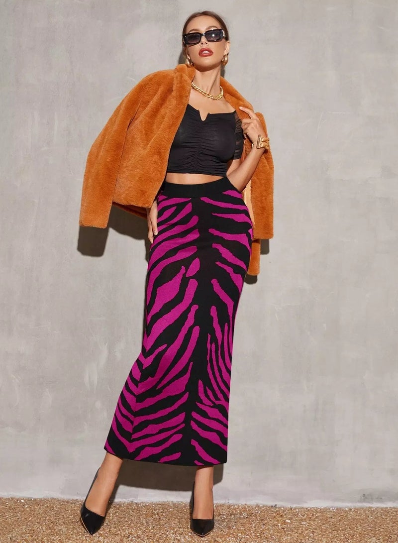 High Waist Zebra Striped Pattern Split Back Knit Skirt  - Image 5