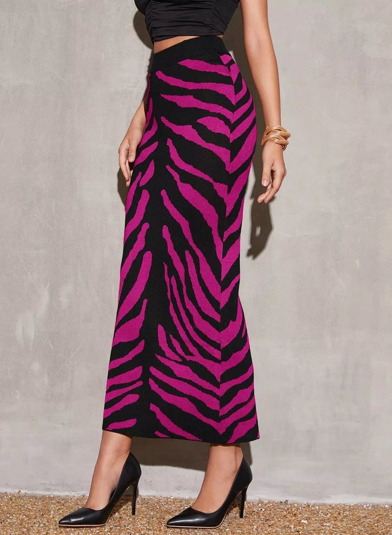 High Waist Zebra Striped Pattern Split Back Knit Skirt  - Image 3
