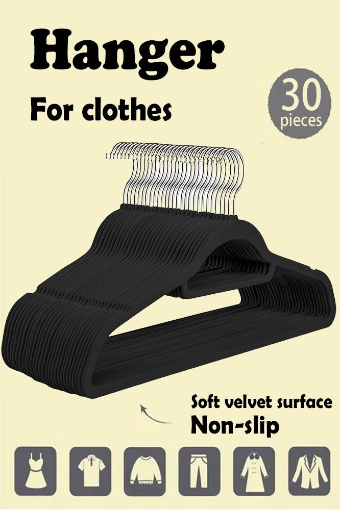 PHISMA 30 pcs Flocking Hangers, Wet and Dry Non Slip Durable Clothes Hangers, Space Saving Lightweight Hanger with Good Bearing Capacity，Black - Image 1
