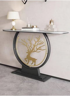 fashionhome Modern Circular Shape Design with Gold Metal Deer Decor Rustproof Rock Slab Tabletop Contemporary Console Table Metal Base Entryway Table Display Table Against the Wall Porch Table Pedestal for Foyer Living Room Home Offices 100x30x80 cm  - Image 1