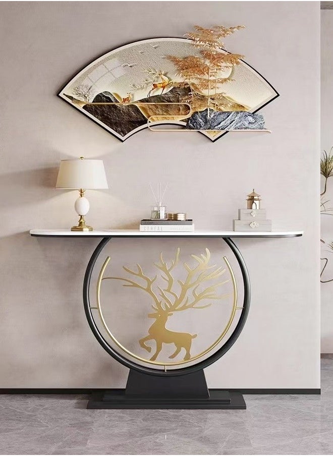 fashionhome Modern Circular Shape Design with Gold Metal Deer Decor Rustproof Rock Slab Tabletop Contemporary Console Table Metal Base Entryway Table Display Table Against the Wall Porch Table Pedestal for Foyer Living Room Home Offices 100x30x80 cm  - Image 2