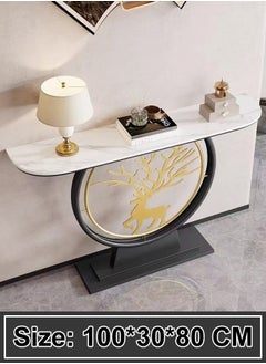 fashionhome Modern Circular Shape Design with Gold Metal Deer Decor Rustproof Rock Slab Tabletop Contemporary Console Table Metal Base Entryway Table Display Table Against the Wall Porch Table Pedestal for Foyer Living Room Home Offices 100x30x80 cm  - Image 5