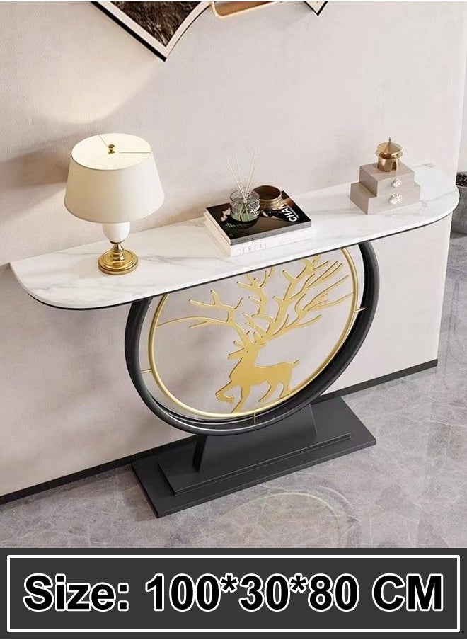 fashionhome Modern Circular Shape Design with Gold Metal Deer Decor Rustproof Rock Slab Tabletop Contemporary Console Table Metal Base Entryway Table Display Table Against the Wall Porch Table Pedestal for Foyer Living Room Home Offices 100x30x80 cm  - Image 5
