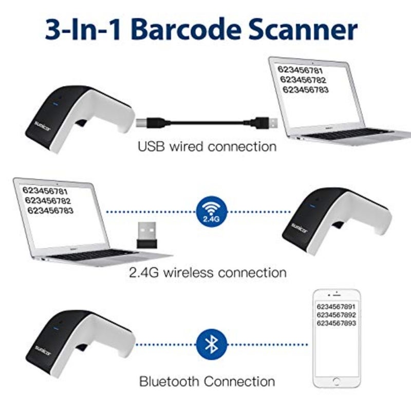 ماسح باركود ثنائي الأبعاد، ماسح باركود محمول باللون الأبيض والأسود 3 في 1 سلكي USB و2.4 جيجا لاسلكي وبلوتوث رمز QR Micro PDF417 1D ماسح باركود مع اهتزاز - Image 3