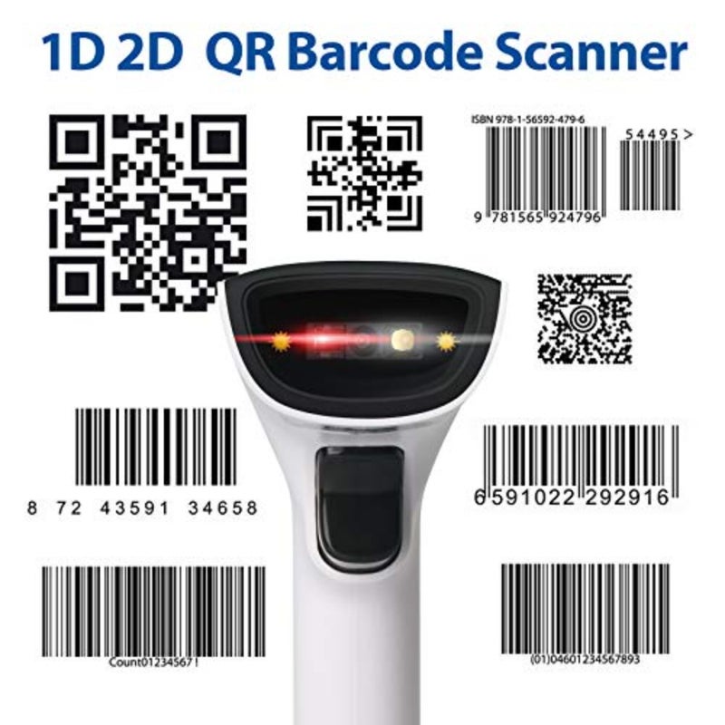 ماسح باركود ثنائي الأبعاد، ماسح باركود محمول باللون الأبيض والأسود 3 في 1 سلكي USB و2.4 جيجا لاسلكي وبلوتوث رمز QR Micro PDF417 1D ماسح باركود مع اهتزاز - Image 2