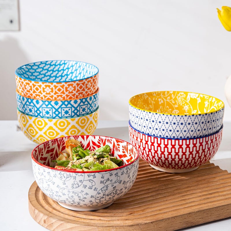 Cerkik Ceramic Soup Bowls Set - 23 Oz Deep Cereal Bowl for kitchen - 6 Inch Porcelain Salad Bowl for Pasta  Dessert  Ramen - Microwave Dishwasher Safe - Set of 6 - Assorted Colors - Image 3