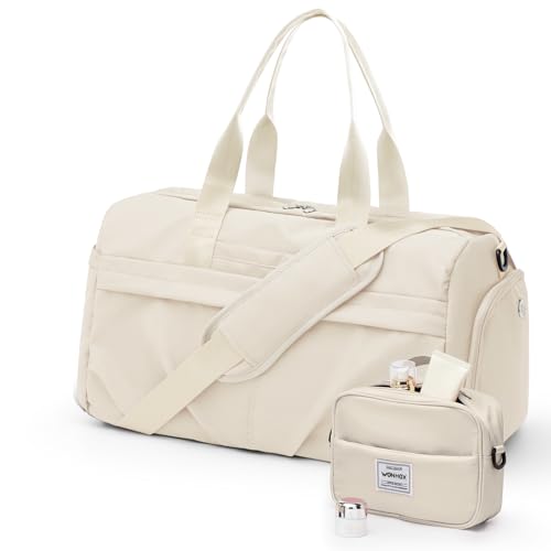 livbote Gym Bag for Women Men, Sport Duffel Bag with Toiletry Bag & Shoe Compartment,Waterproof Travel Weekender Overnight Carry on Bag for Yoga with Trolley Sleeve, Beige Set - Image 1