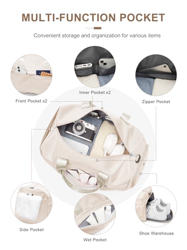 livbote Gym Bag for Women Men, Sport Duffel Bag with Toiletry Bag & Shoe Compartment,Waterproof Travel Weekender Overnight Carry on Bag for Yoga with Trolley Sleeve, Beige Set - Image 3