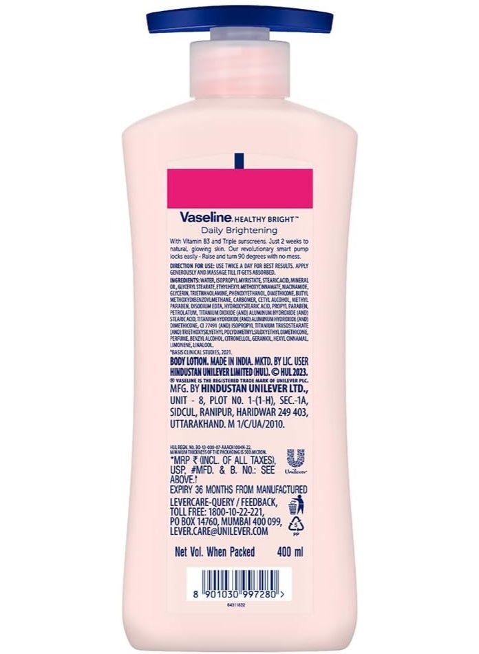 Vaseline Healthy Bright, Daily Brightening Daily Moisturizer, 400 ml, for Glowing Skin, with Vitamin B3, Visibly Radiant Skin in 2 Weeks, Lightweight, Non-sticky, Non-Oily Body Lotion, for Dry Skin - Image 2